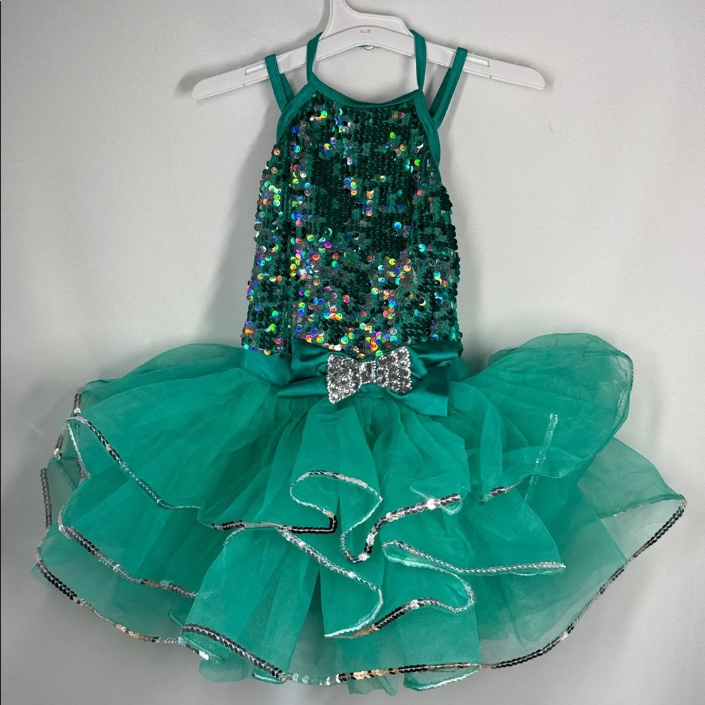 Weissman teal dance costume sequin bodice and a multi-layered tulle poof skirt